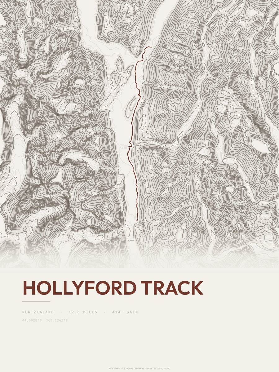 Hollyford Track topographic trail print