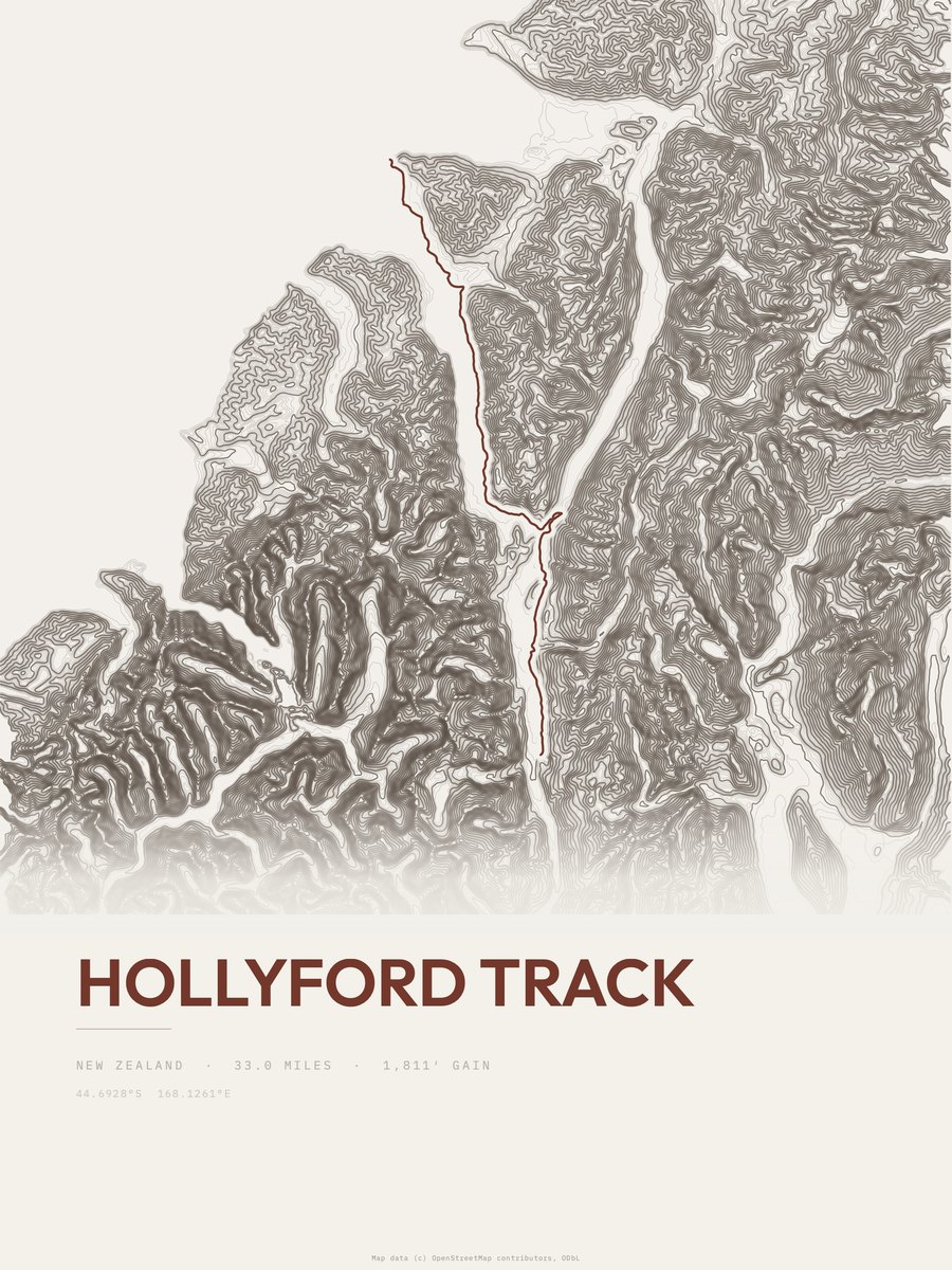 Hollyford Track topographic trail print