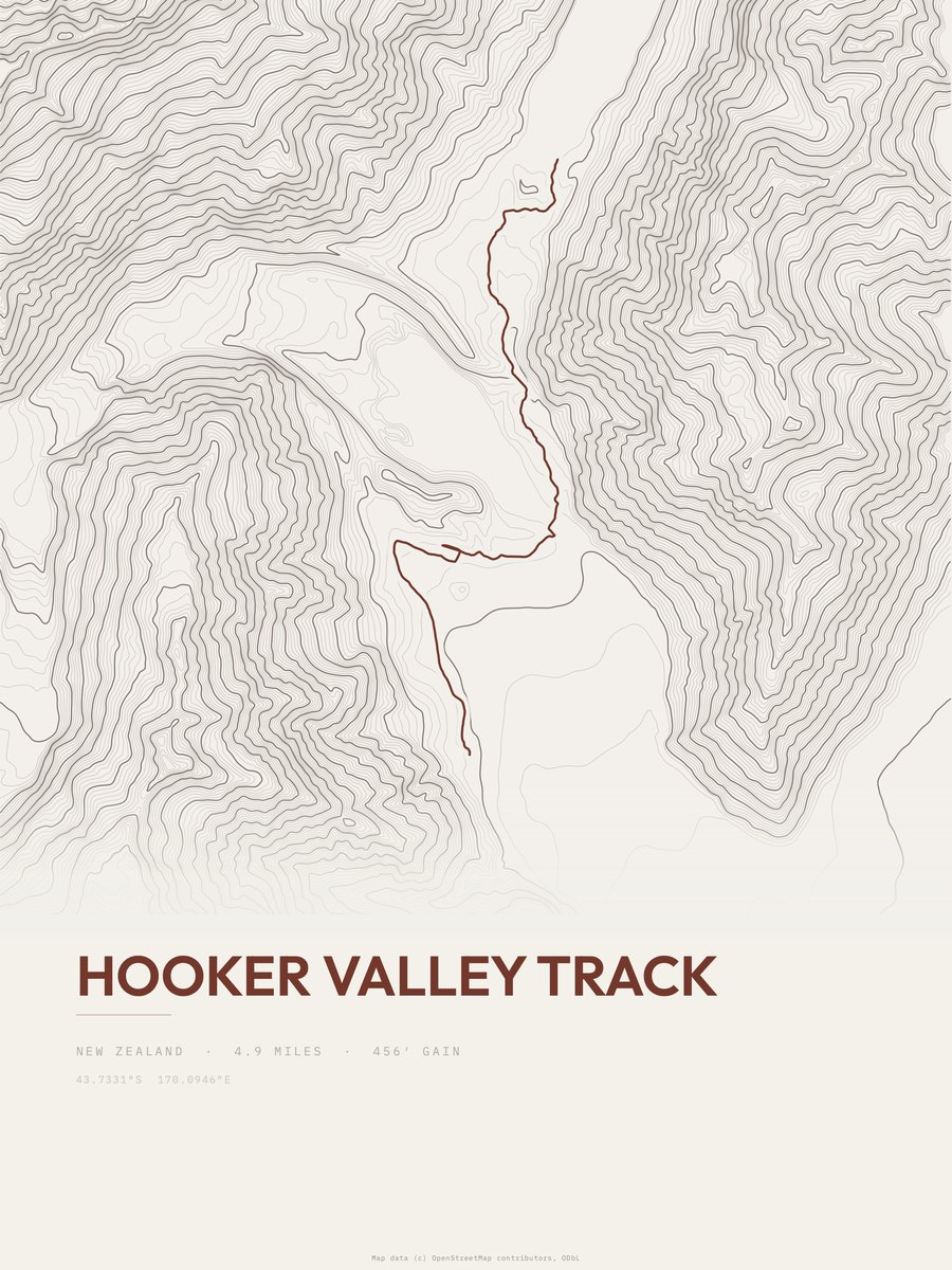 Hooker Valley Track topographic trail print
