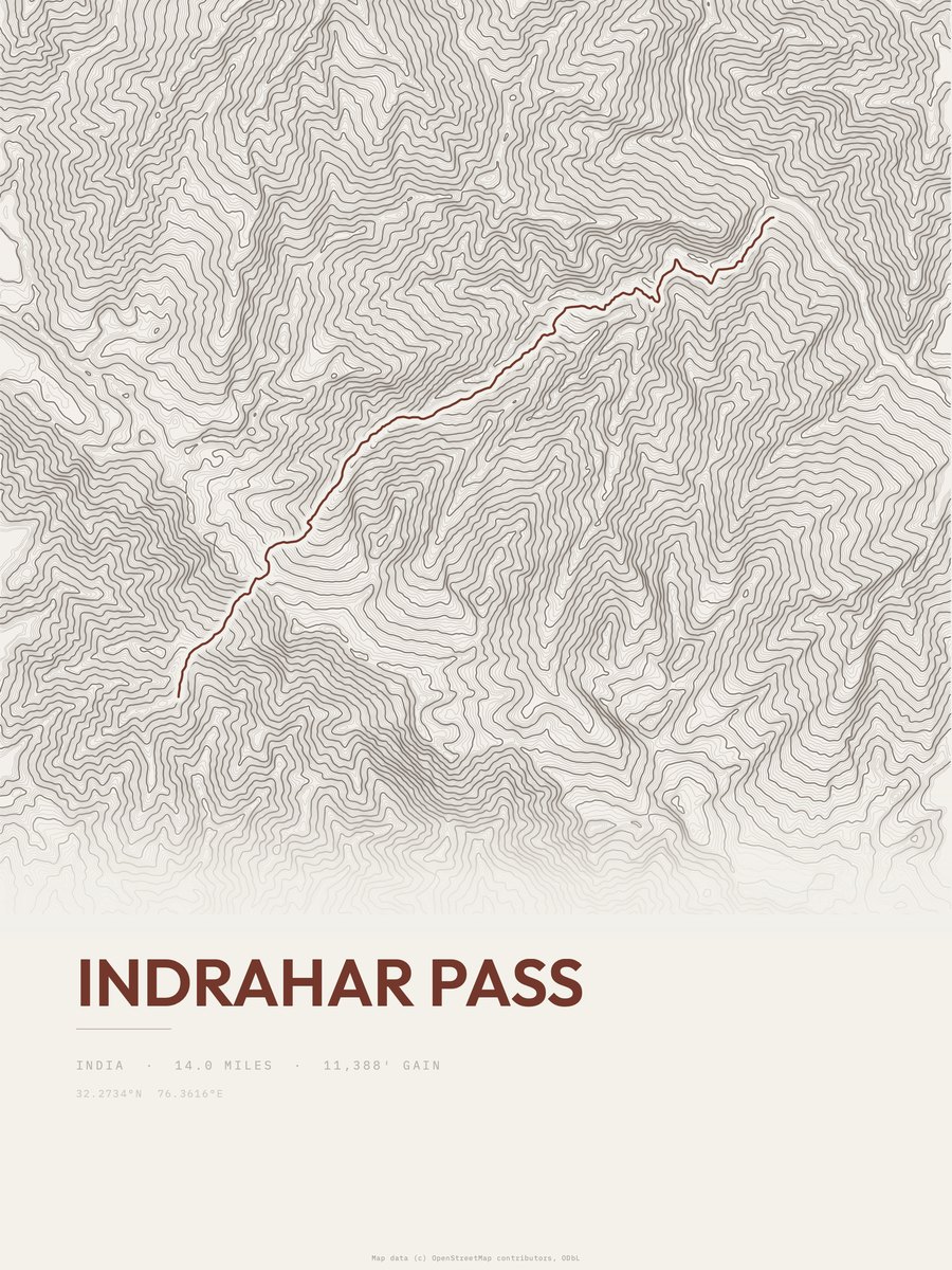 Indrahar Pass topographic trail print