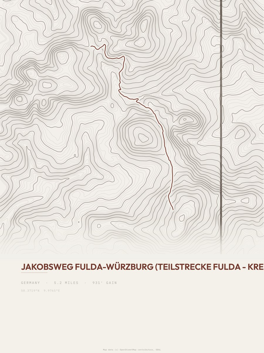 Jakobsweg Fulda-Würzburg topographic trail print