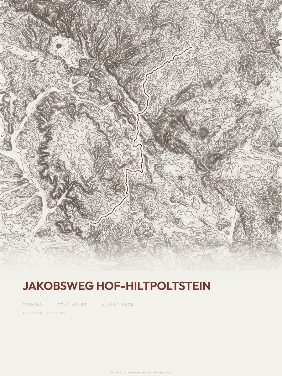 Jakobsweg Hof-Hiltpoltstein topographic trail print