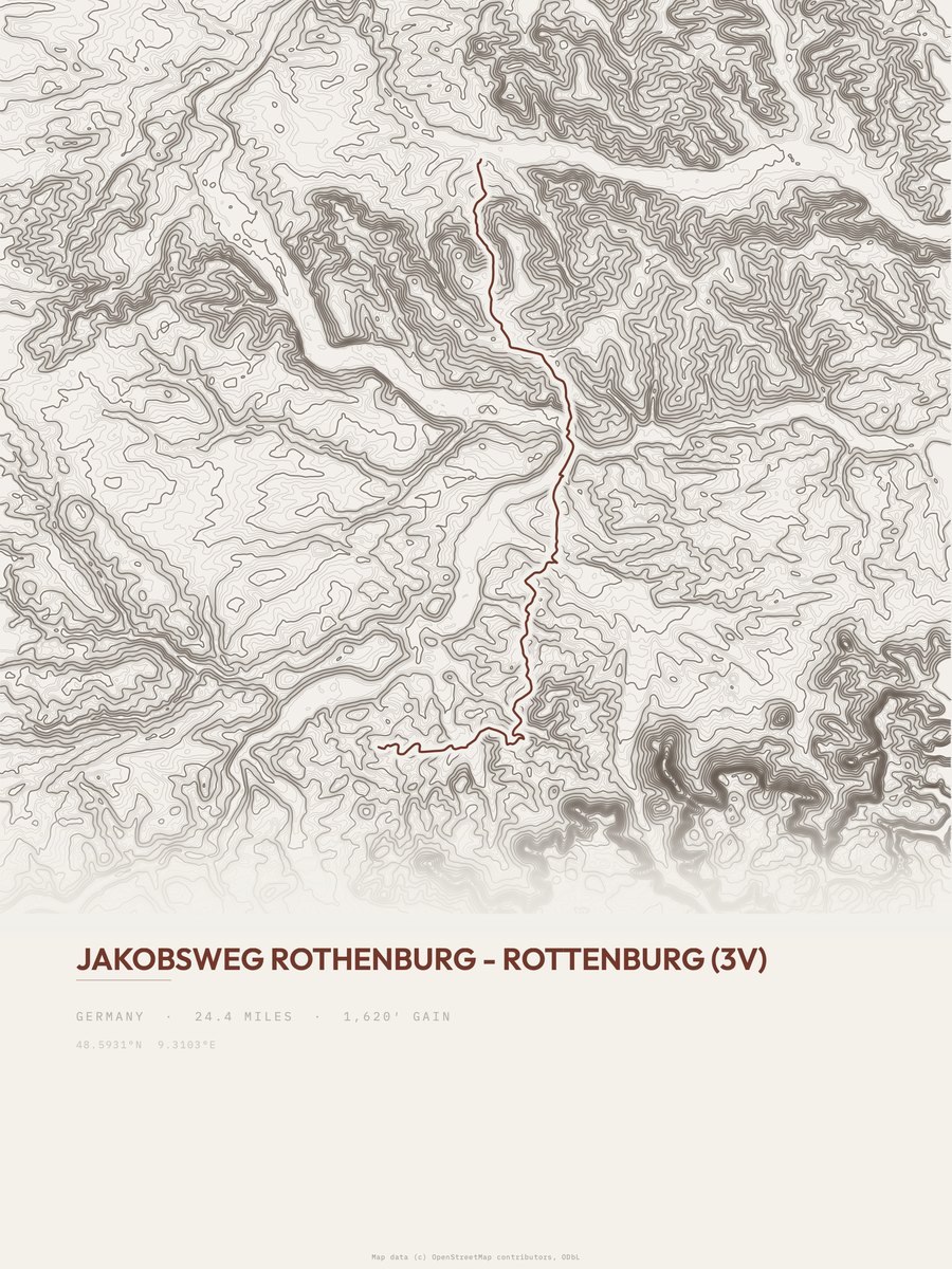 Jakobsweg Rothenburg-Rottenburg topographic trail print
