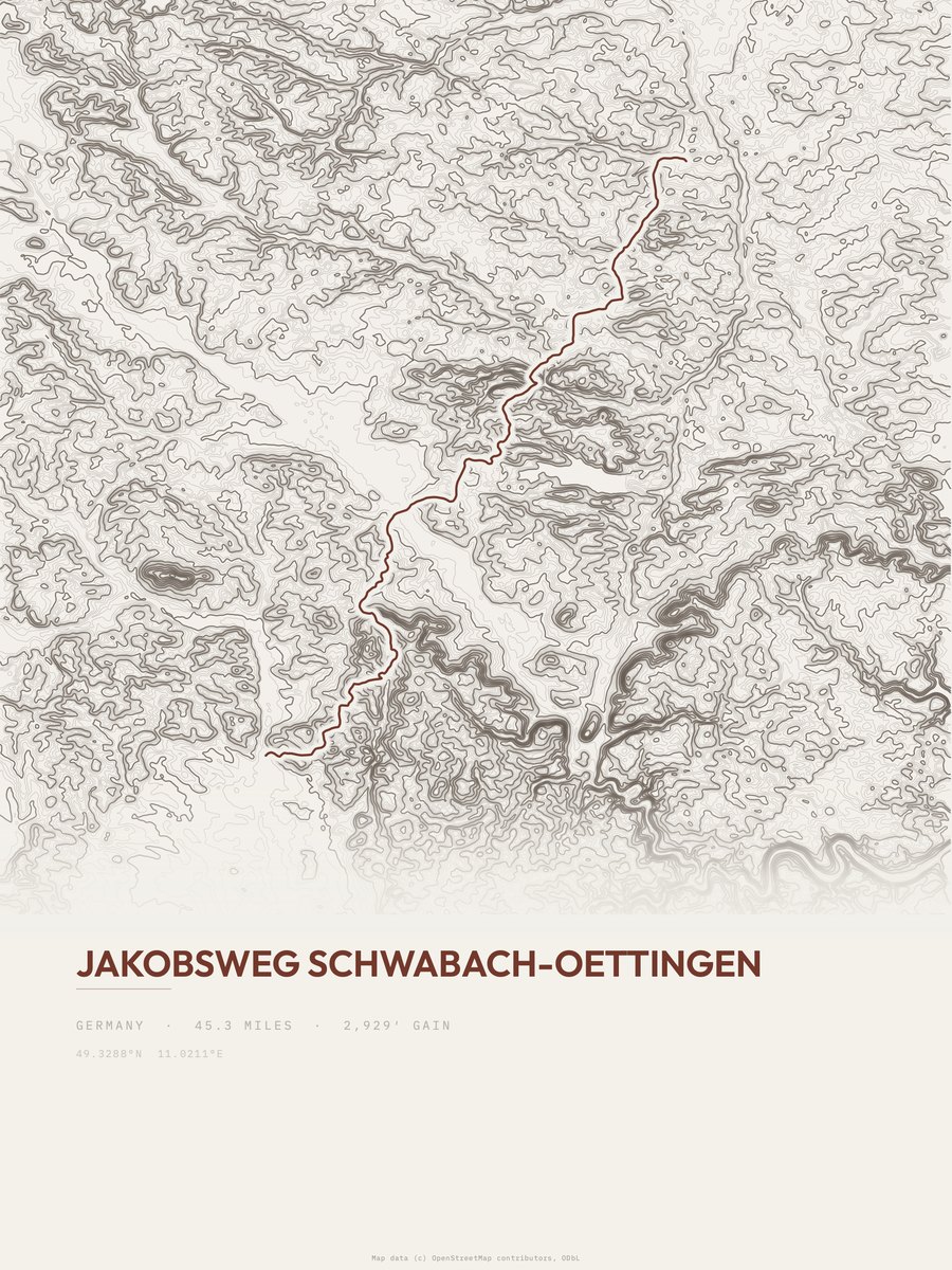 Jakobsweg Schwabach-Oettingen topographic trail print