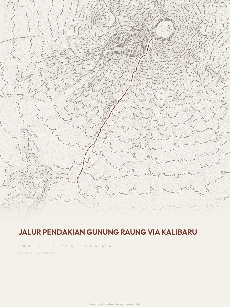 Jalur pendakian Gunung Raung topographic trail print