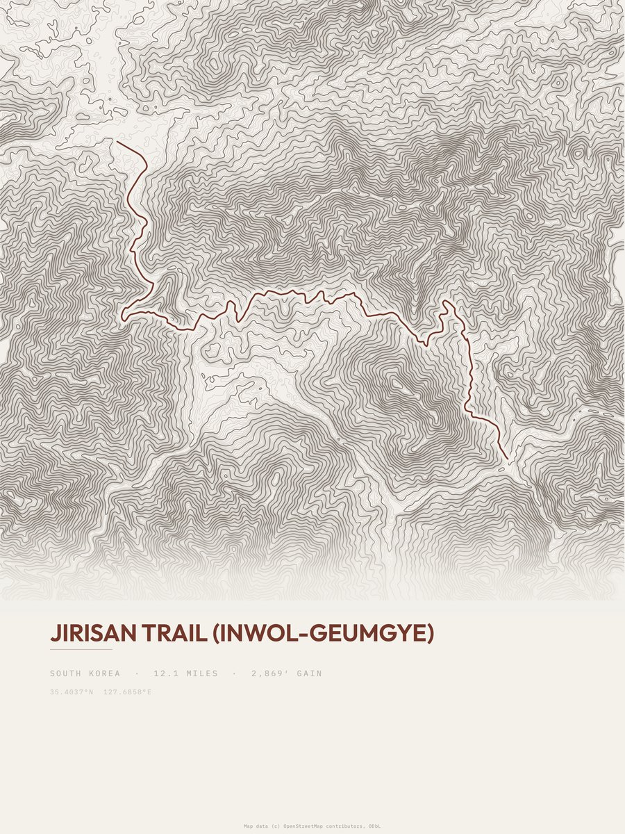 Jirisan Trail (Inwol-Geumgye) topographic trail print