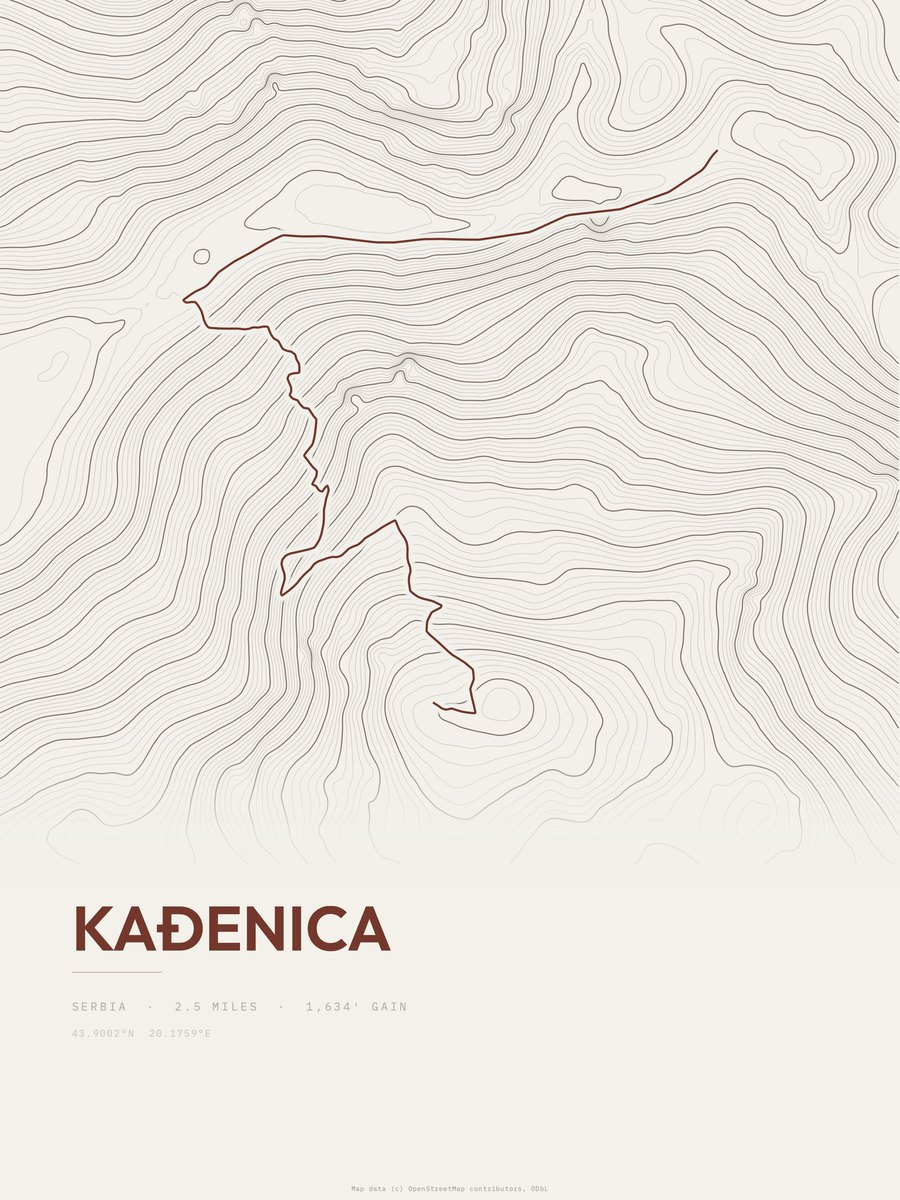 Kađenica topographic trail print