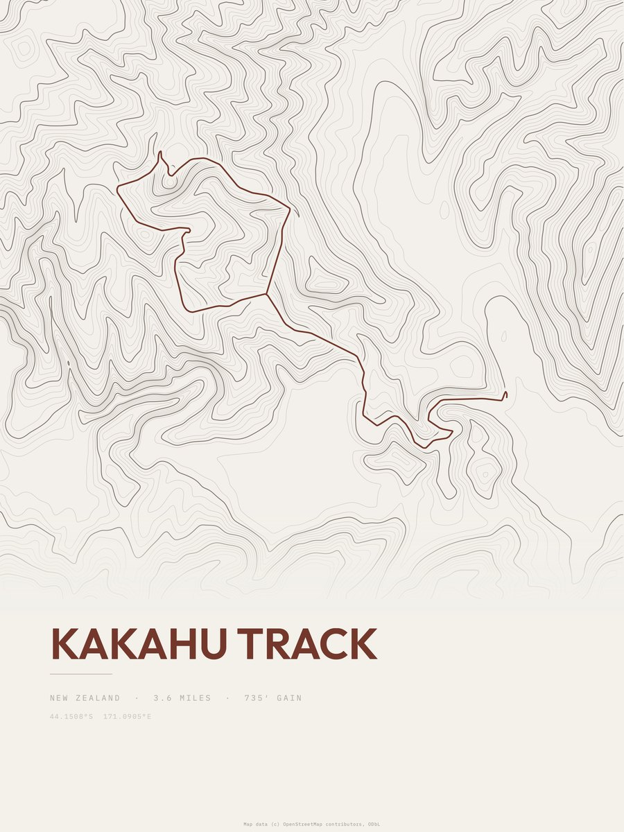 Kakahu Track topographic trail print