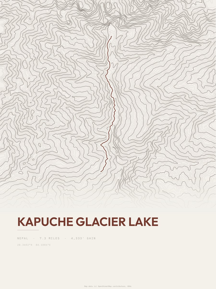 Kapuche Glacier Lake topographic trail print
