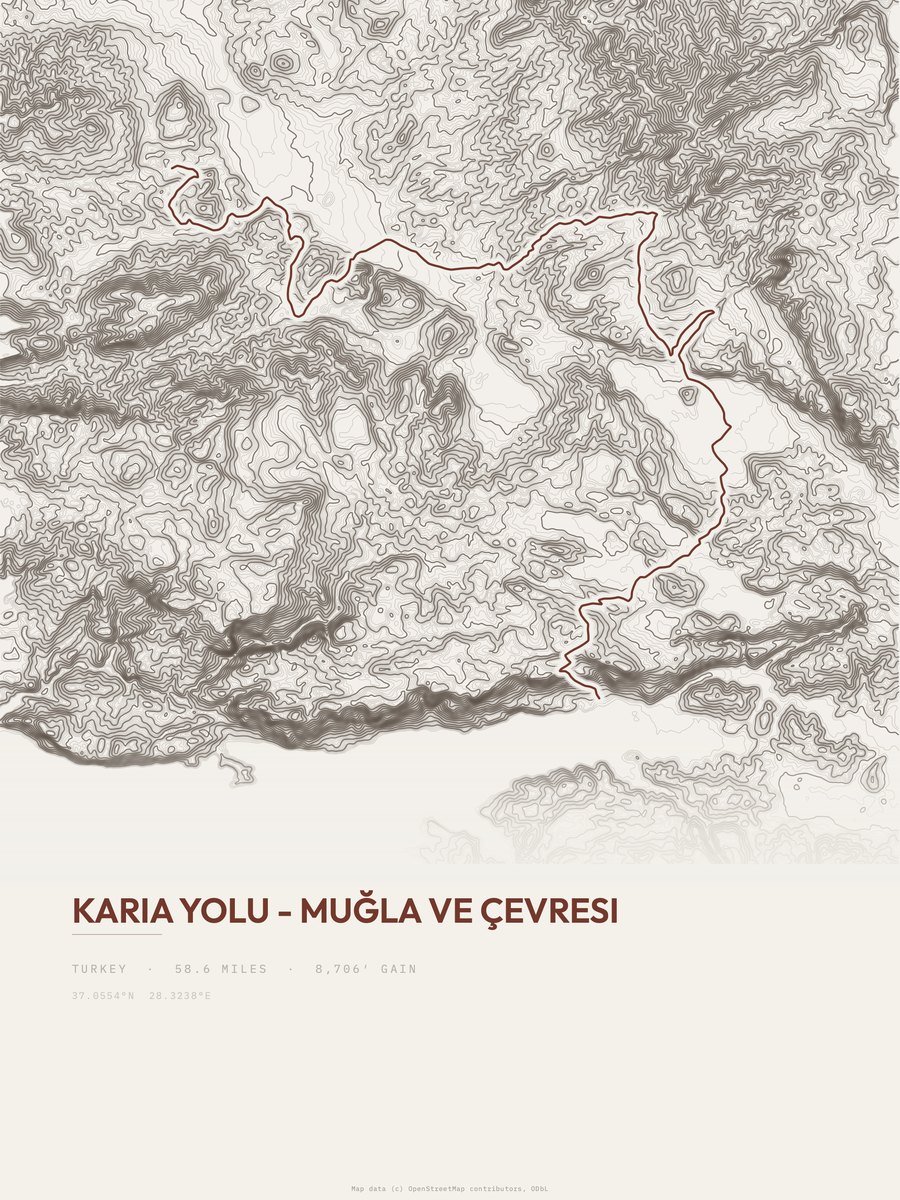Karia Yolu - Muğla ve çevresi topographic trail print