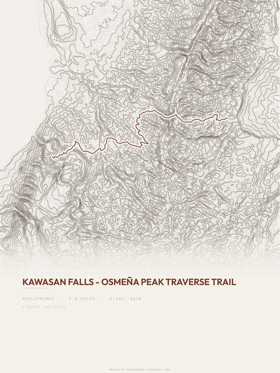 Kawasan Falls to Osmeña Peak topographic trail print
