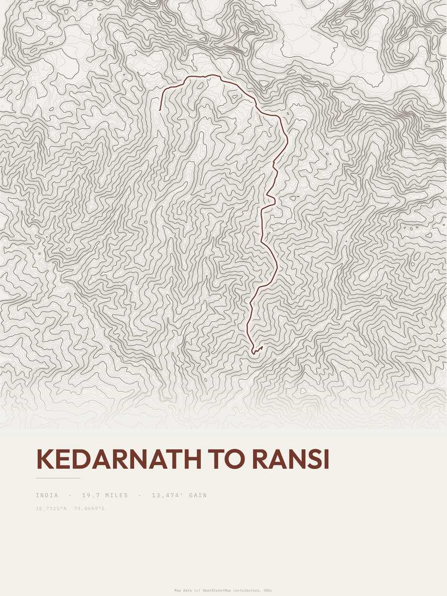 Kedarnath to Ransi topographic trail print