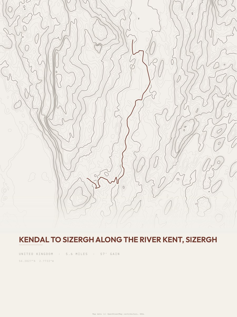 Kendal to Sizergh topographic trail print