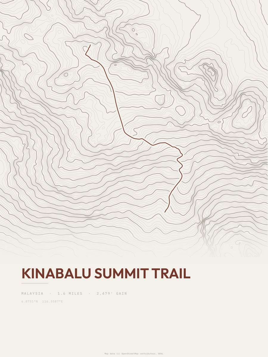 Kinabalu Summit Trail topographic trail print
