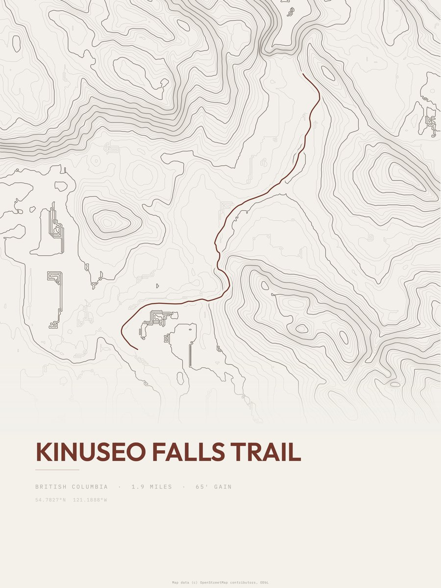 Kinuseo Falls Trail topographic trail print