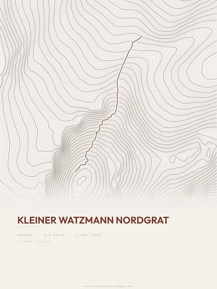 Kleiner Watzmann Nordgrat topographic trail print