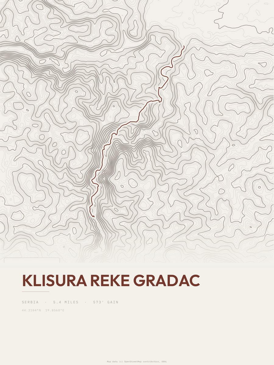 Klisura reke Gradac topographic trail print