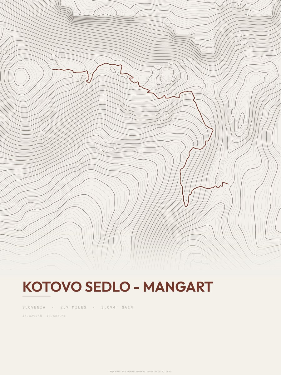 Kotovo sedlo - Mangart topographic trail print