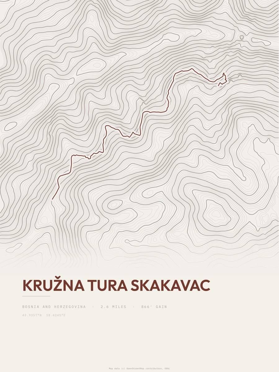 Kružna tura Skakavac topographic trail print