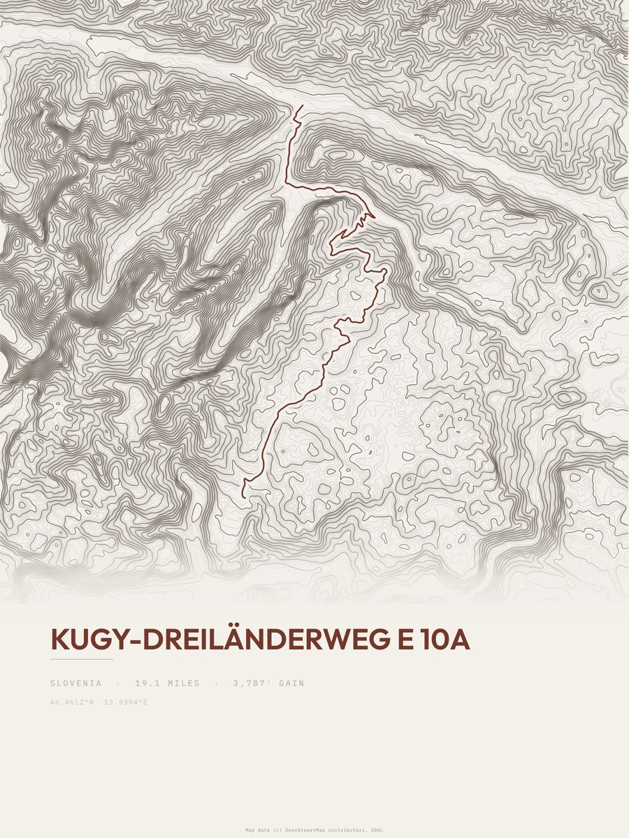 Kugy-Dreiländerweg E 10A topographic trail print