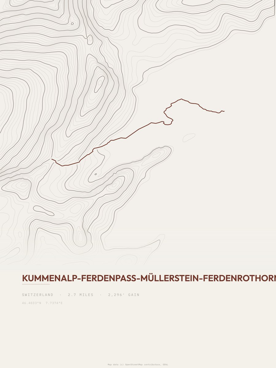 Kummenalp to Ferdenrothorn topographic trail print