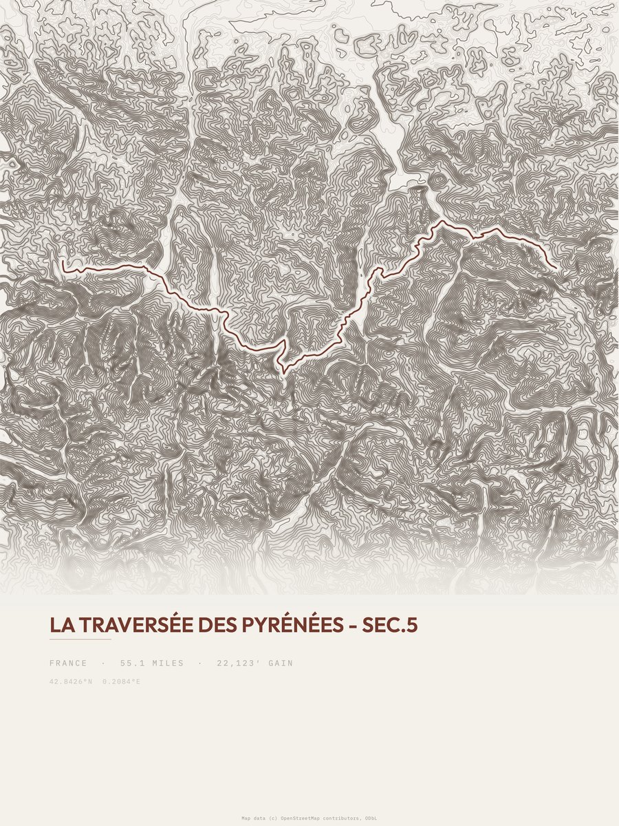 La traversée des Pyrénées topographic trail print