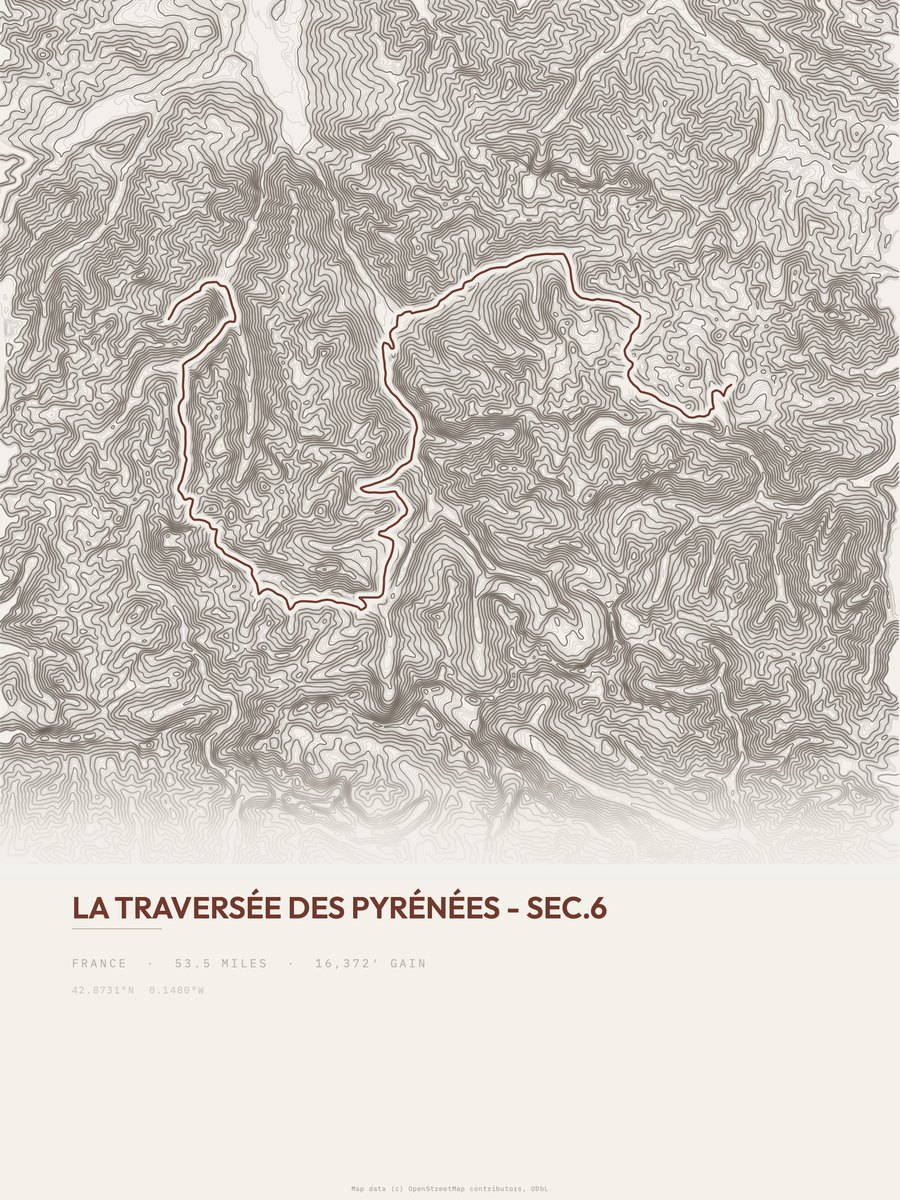 La traversée des Pyrénées topographic trail print