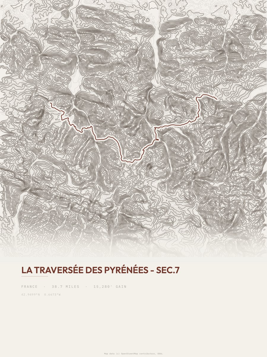 La traversée des Pyrénées topographic trail print