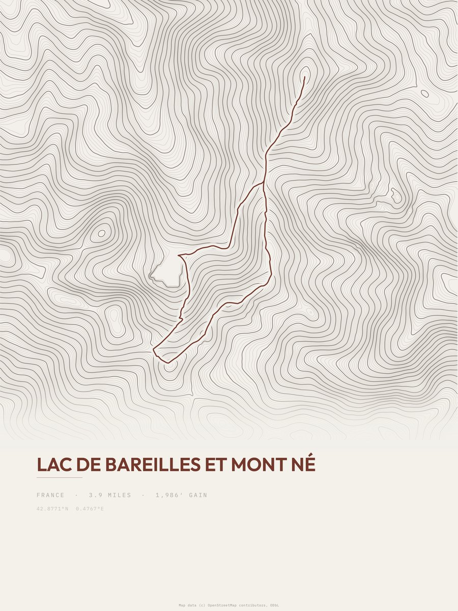 Lac de Bareilles et Mont Né topographic trail print