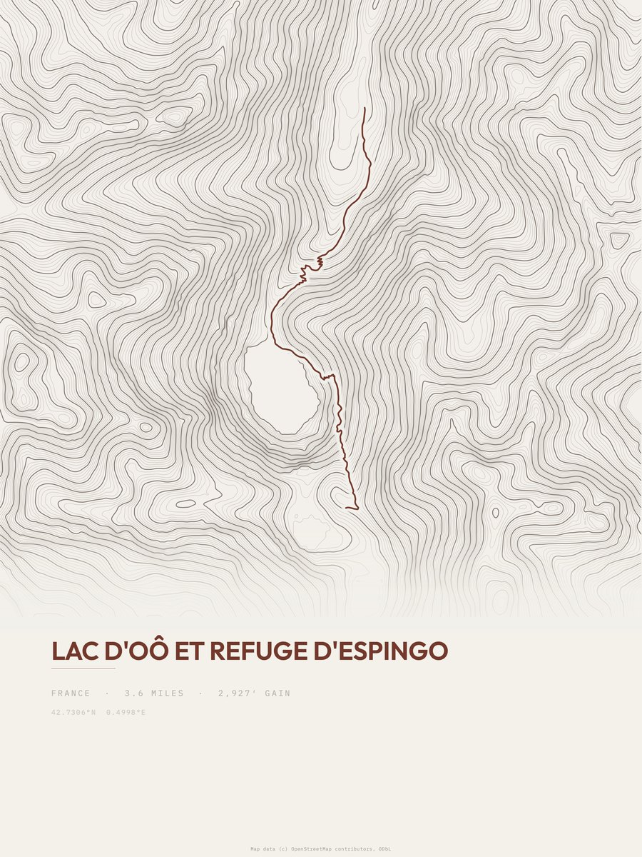 Lac d'Oô et refuge d'Espingo topographic trail print