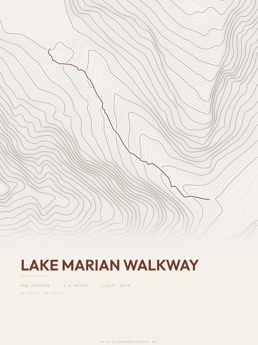 Lake Marian Walkway topographic trail print