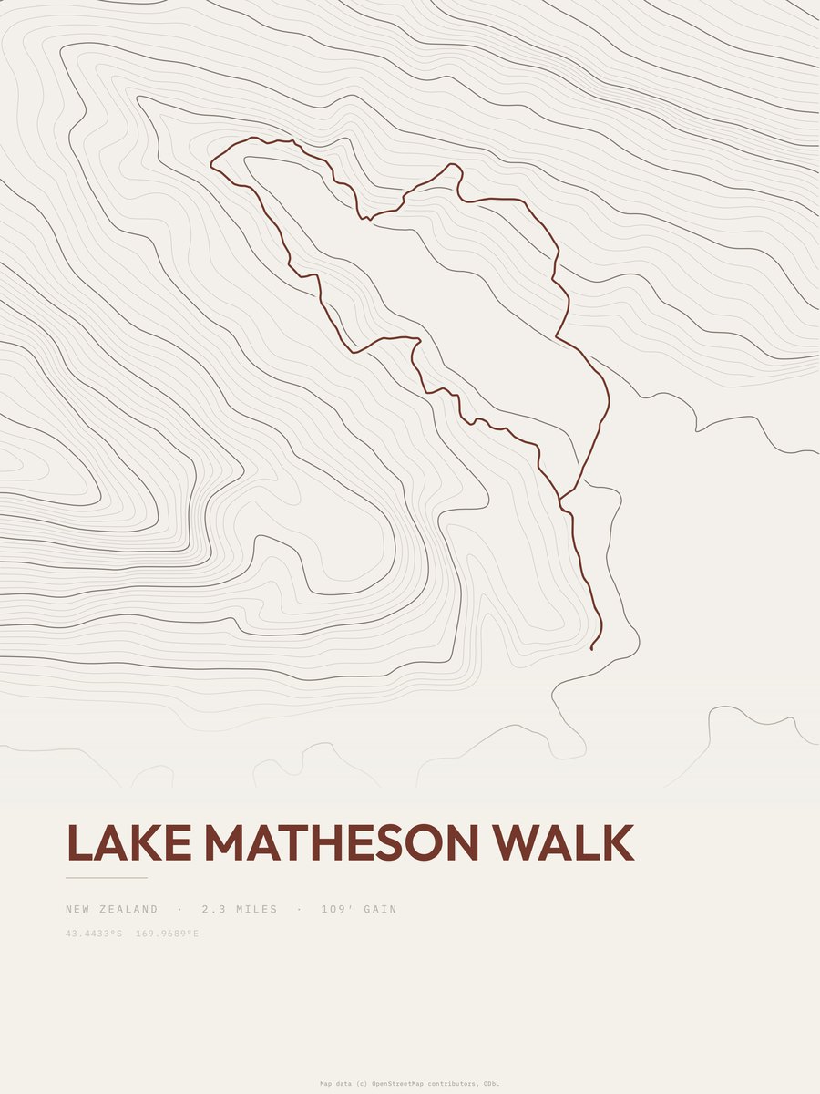Lake Matheson Walk topographic trail print