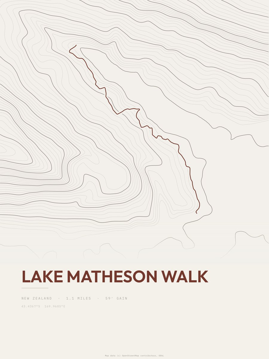Lake Matheson Walk topographic trail print