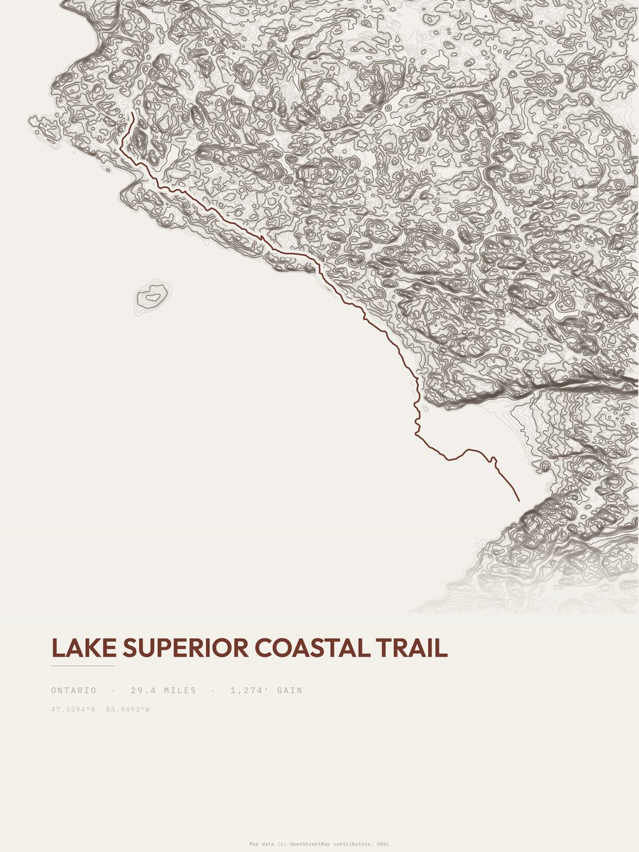 Lake Superior Coastal Trail topographic trail print