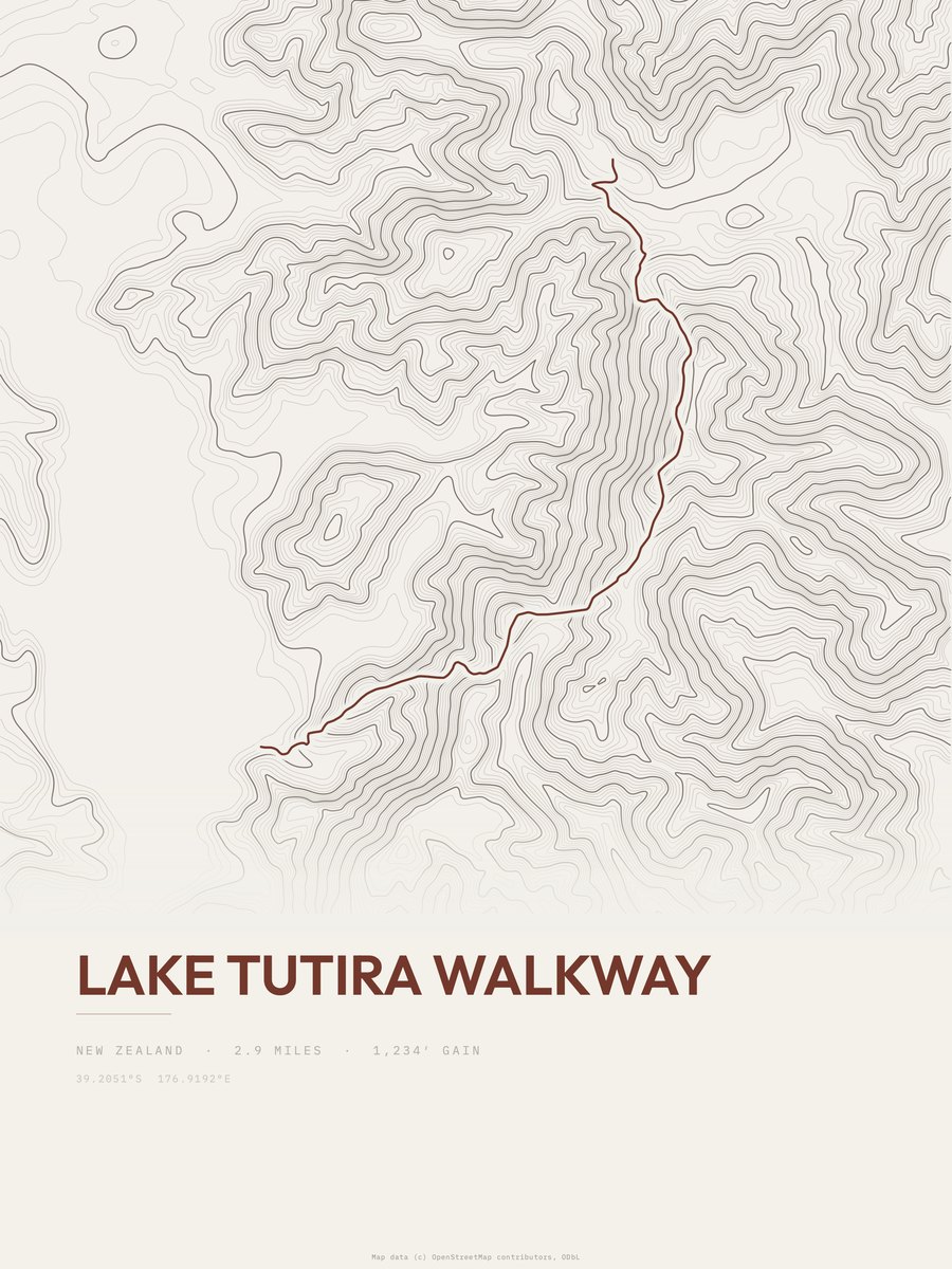 Lake Tutira Walkway topographic trail print