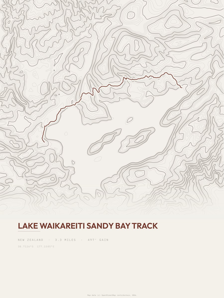 Lake Waikareiti Sandy Bay Track topographic trail print