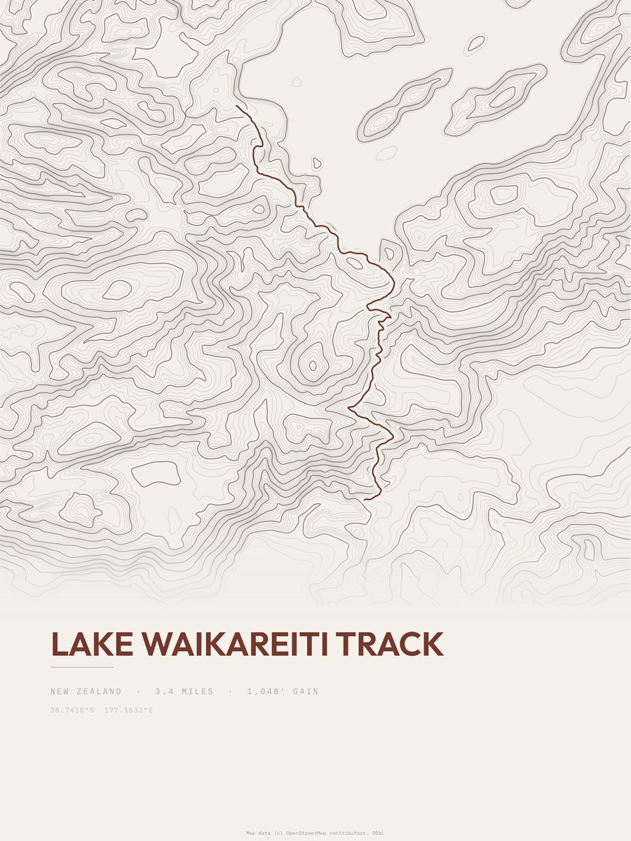 Lake Waikareiti Track topographic trail print