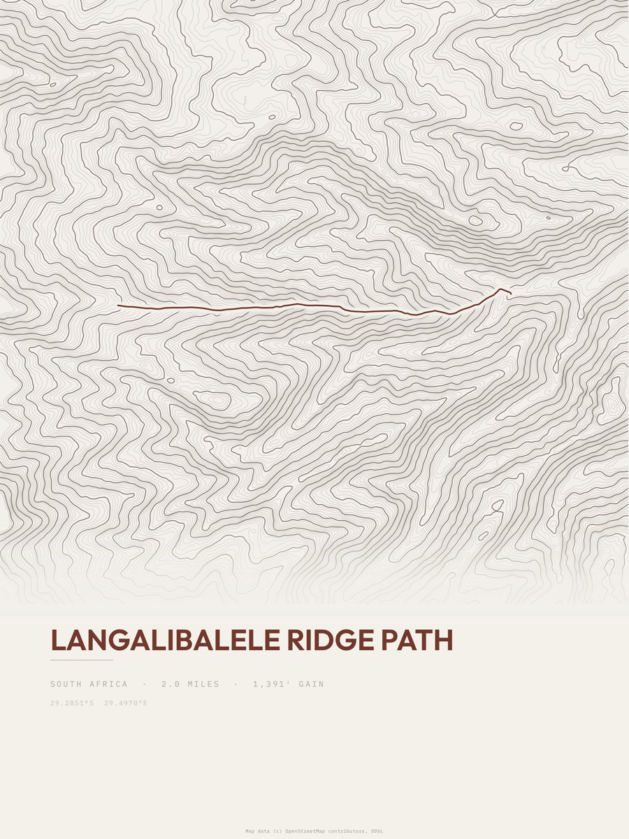 Langalibalele Ridge Path topographic trail print