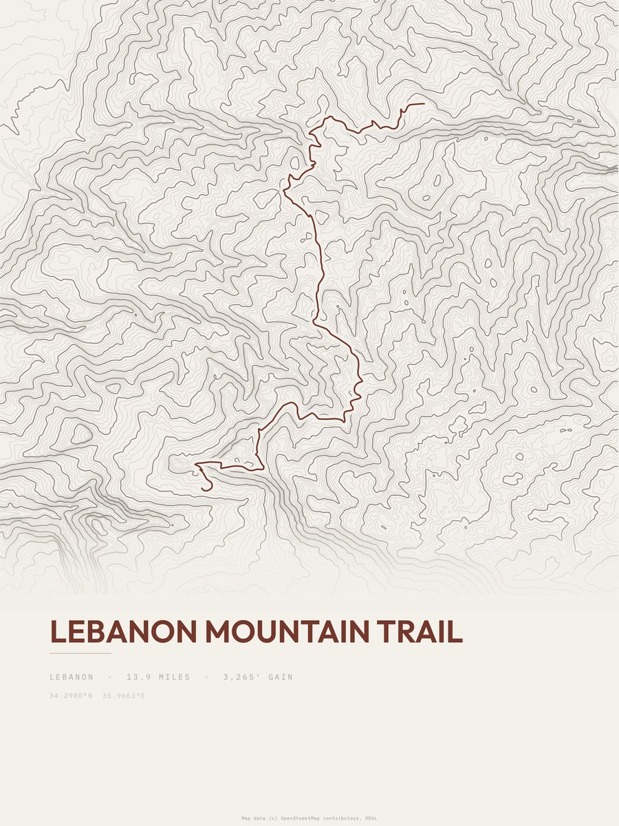 Lebanon Mountain Trail topographic trail print