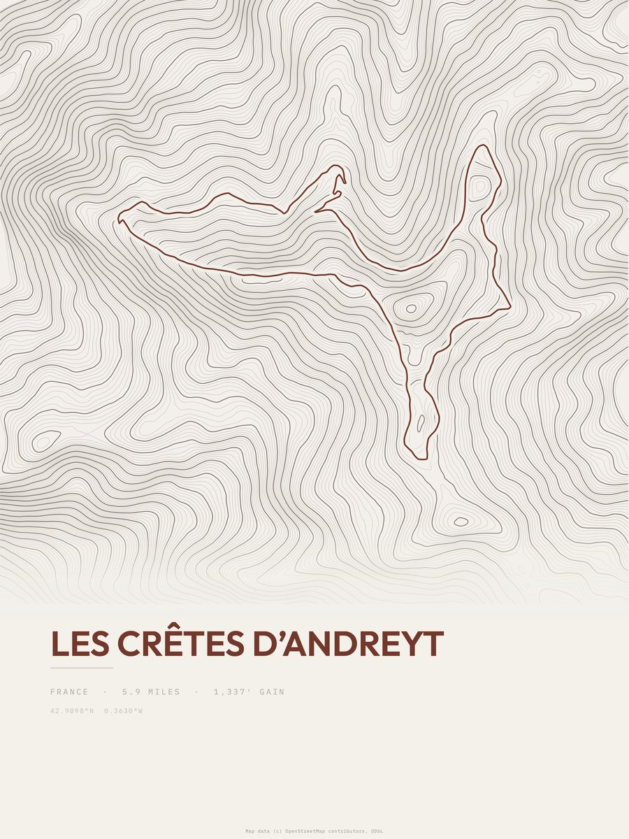 Les crêtes d’Andreyt topographic trail print