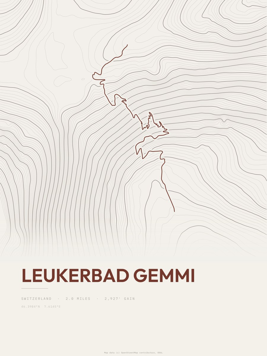 Leukerbad Gemmi topographic trail print
