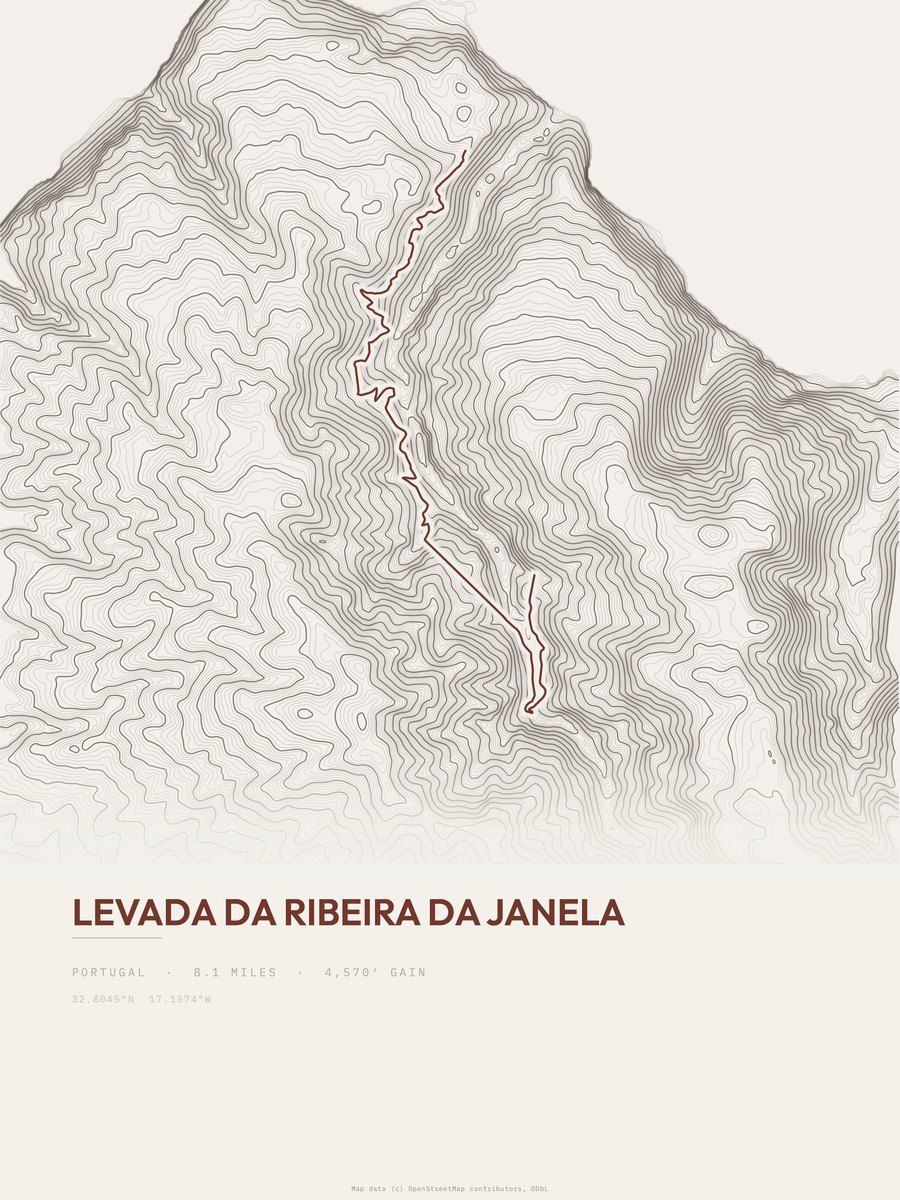 Levada da Ribeira da Janela topographic trail print
