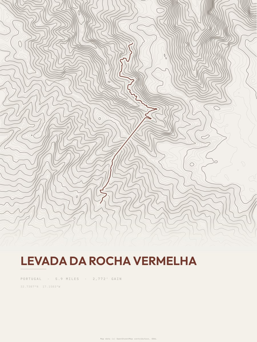 Levada da Rocha Vermelha topographic trail print