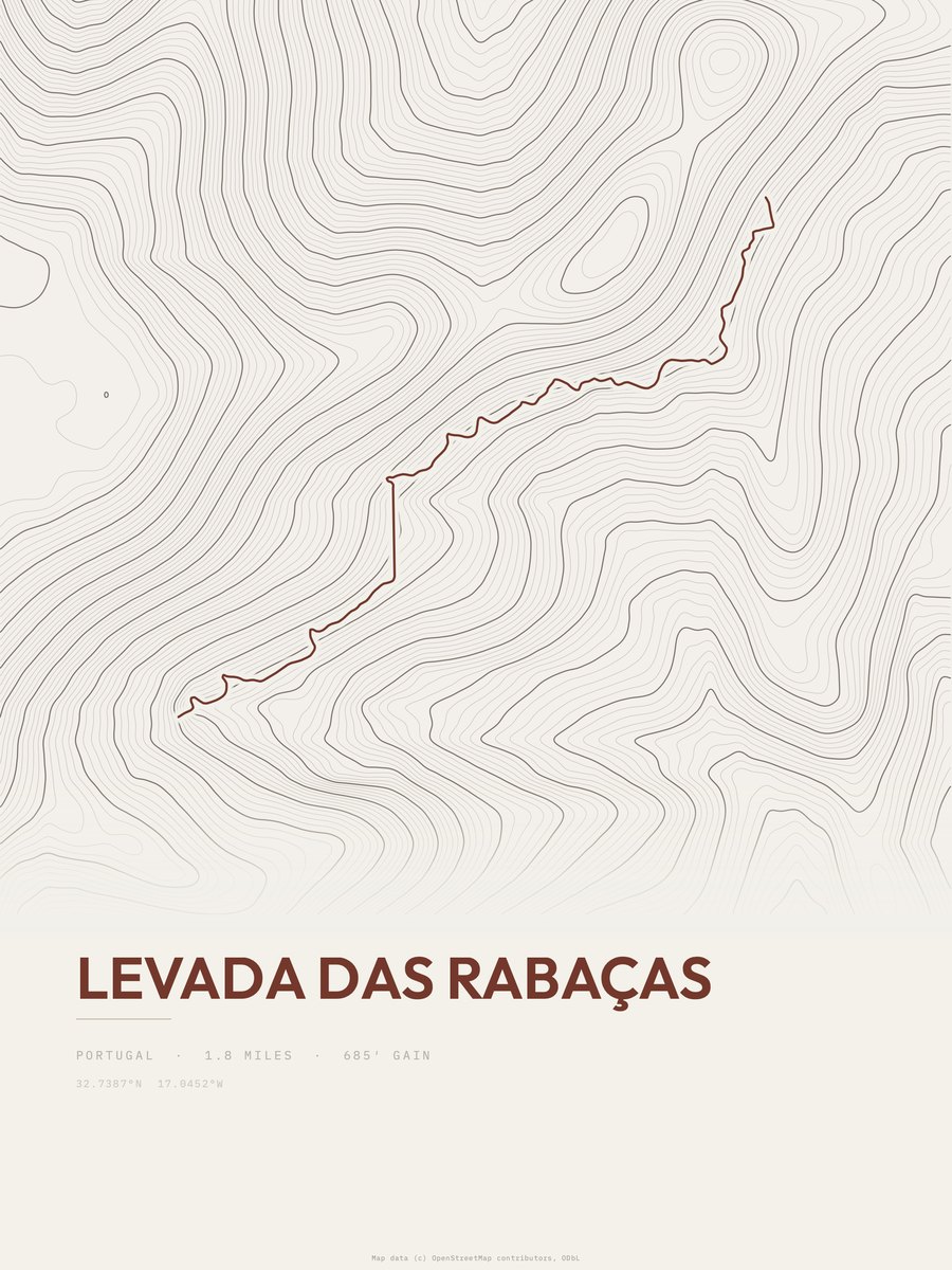 Levada das Rabaças topographic trail print