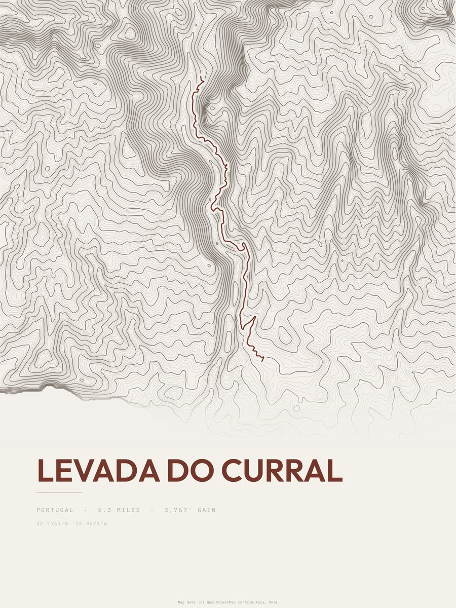 Levada do Curral topographic trail print