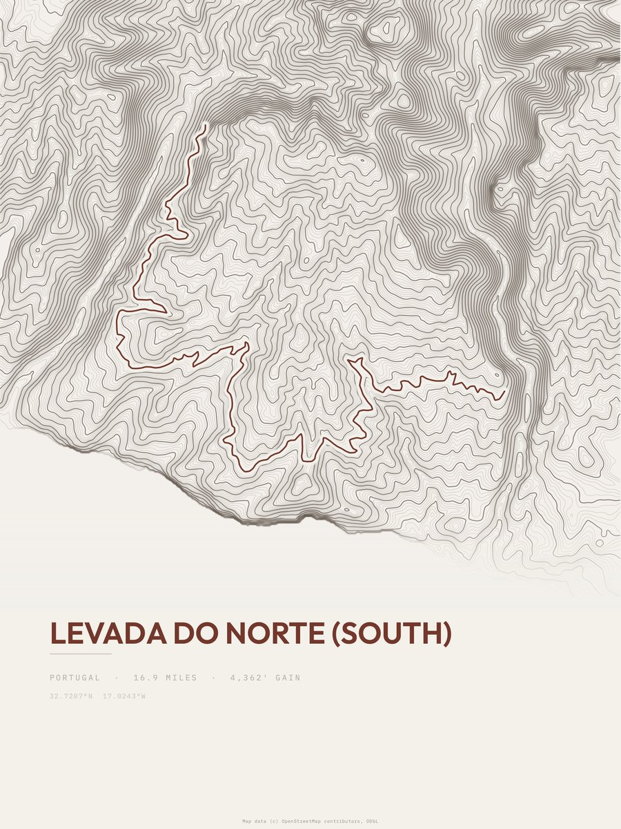 Levada do Norte (South) topographic trail print