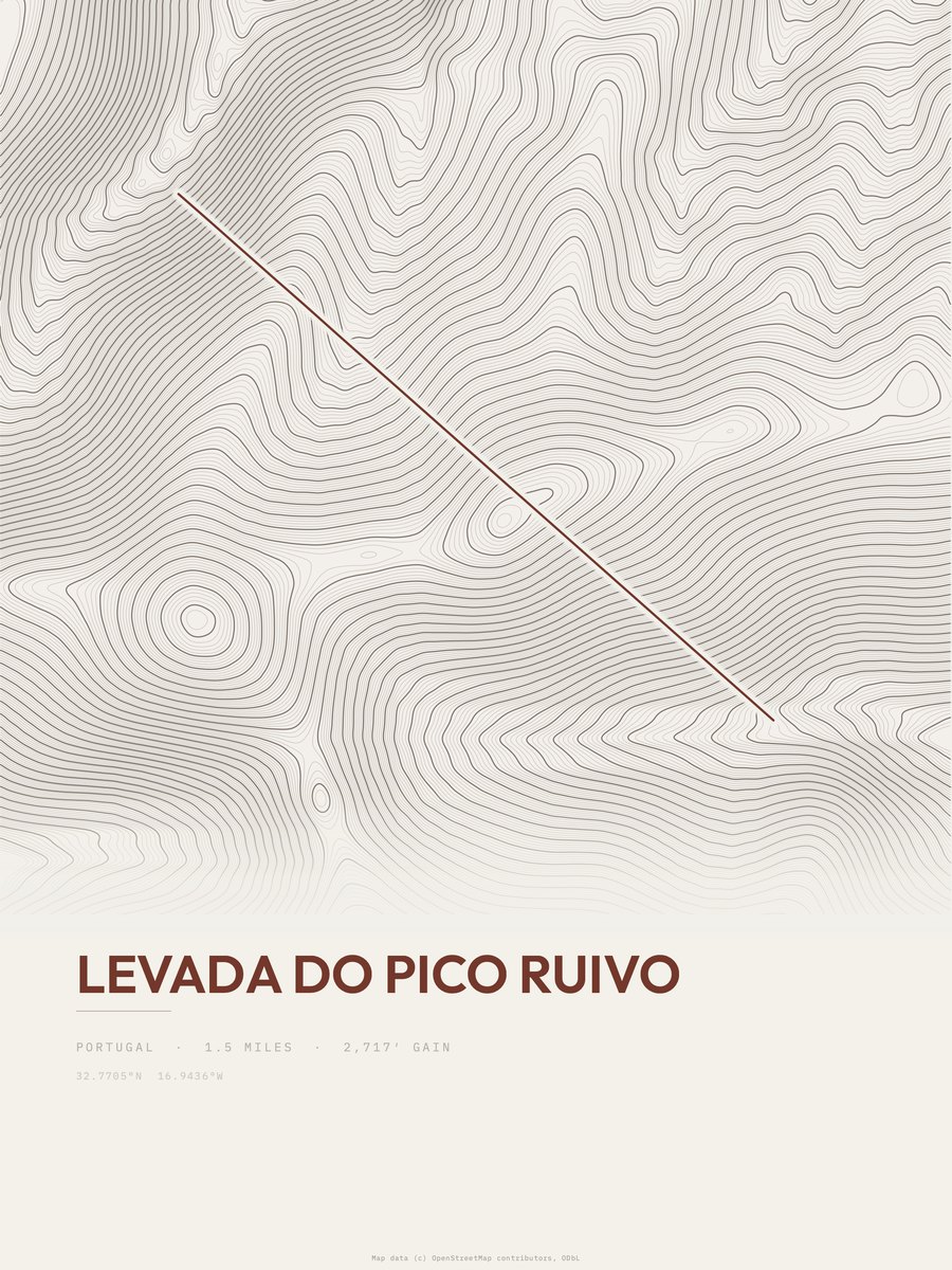 Levada do Pico Ruivo topographic trail print