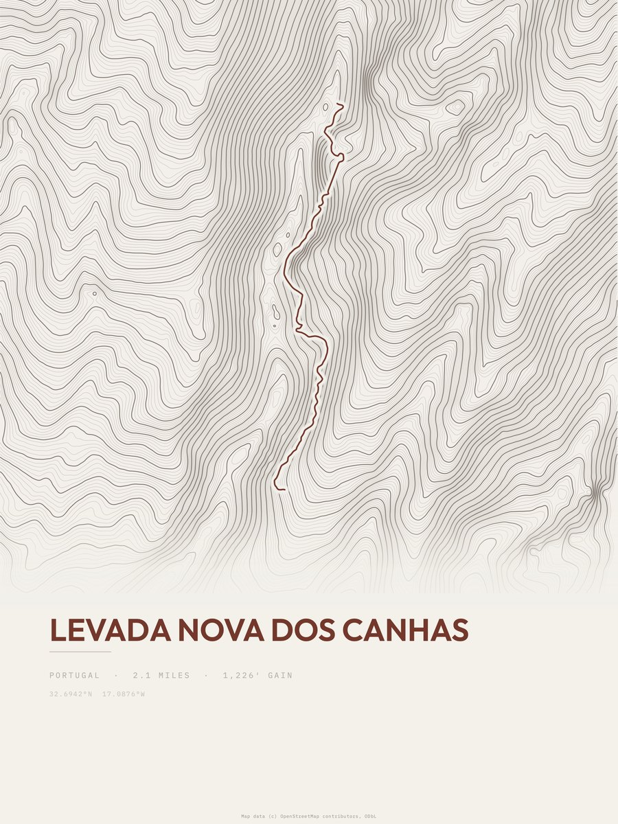Levada Nova dos Canhas topographic trail print