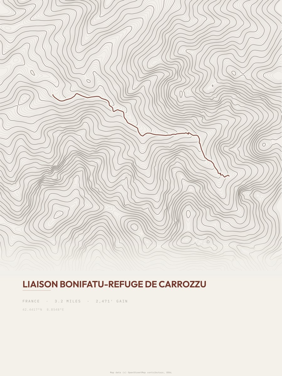 Bonifatu to Refuge de Carrozzu topographic trail print