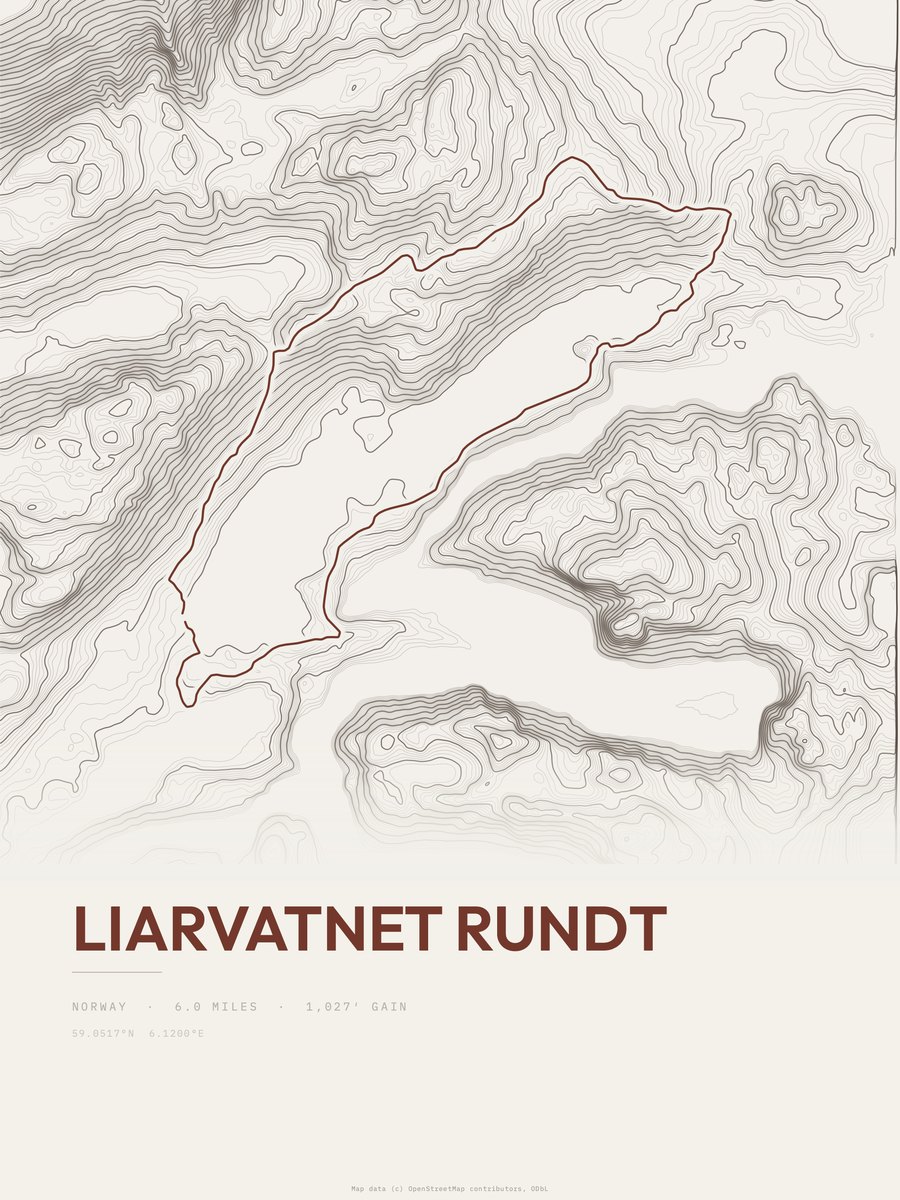 Liarvatnet rundt topographic trail print